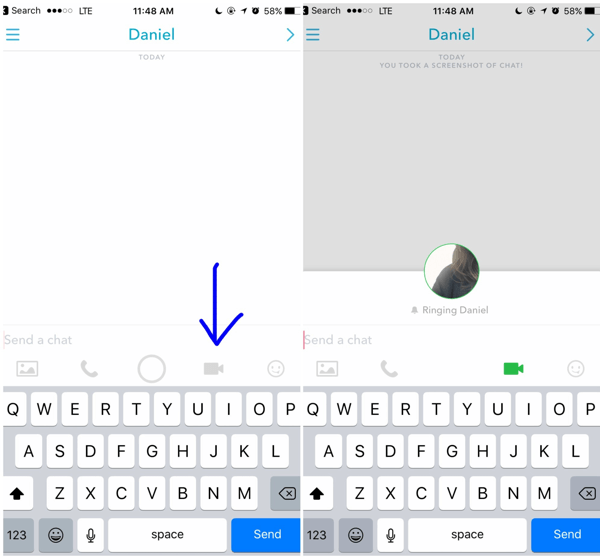 Pentru a efectua un apel video Snapchat, atingeți pictograma video din conversația deschisă cu un client.