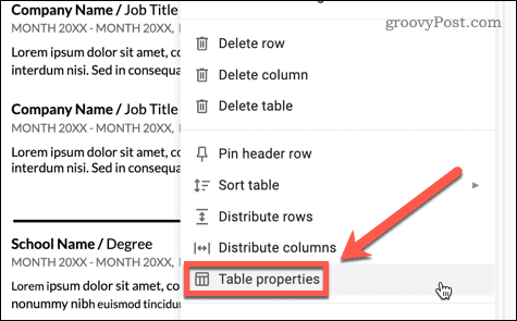 proprietățile tabelului în Google Docs