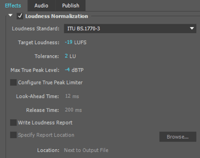 Folosesc aceste setări de normalizare a volumului la exportul fișierului audio în Adobe Premiere.