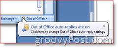 Colțul din dreapta jos al Outlook 2007 - Memento cu răspunsuri automate în afara biroului activat