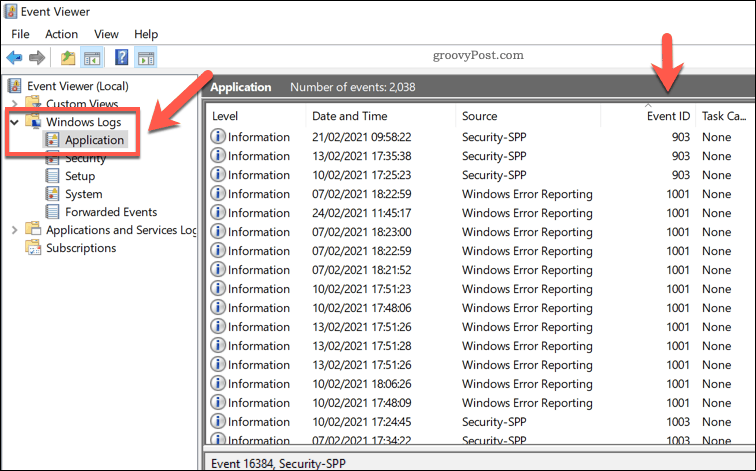 O listă a jurnalelor aplicațiilor Windows în Event Viewer