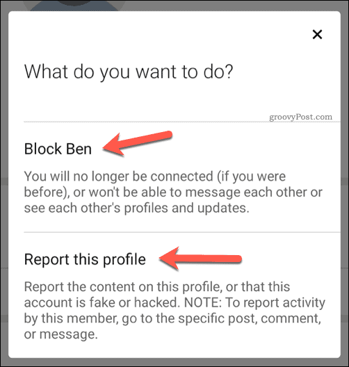 Alegerea blocării sau raportării unui utilizator în LinkedIn