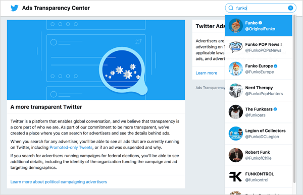 ALT Pentru a vizualiza anunțuri pentru o companie, accesați Centrul de transparență a anunțurilor Twitter. 