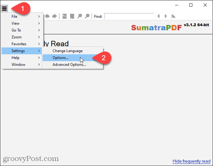 Accesați Setări> Opțiuni în SumatraPDF