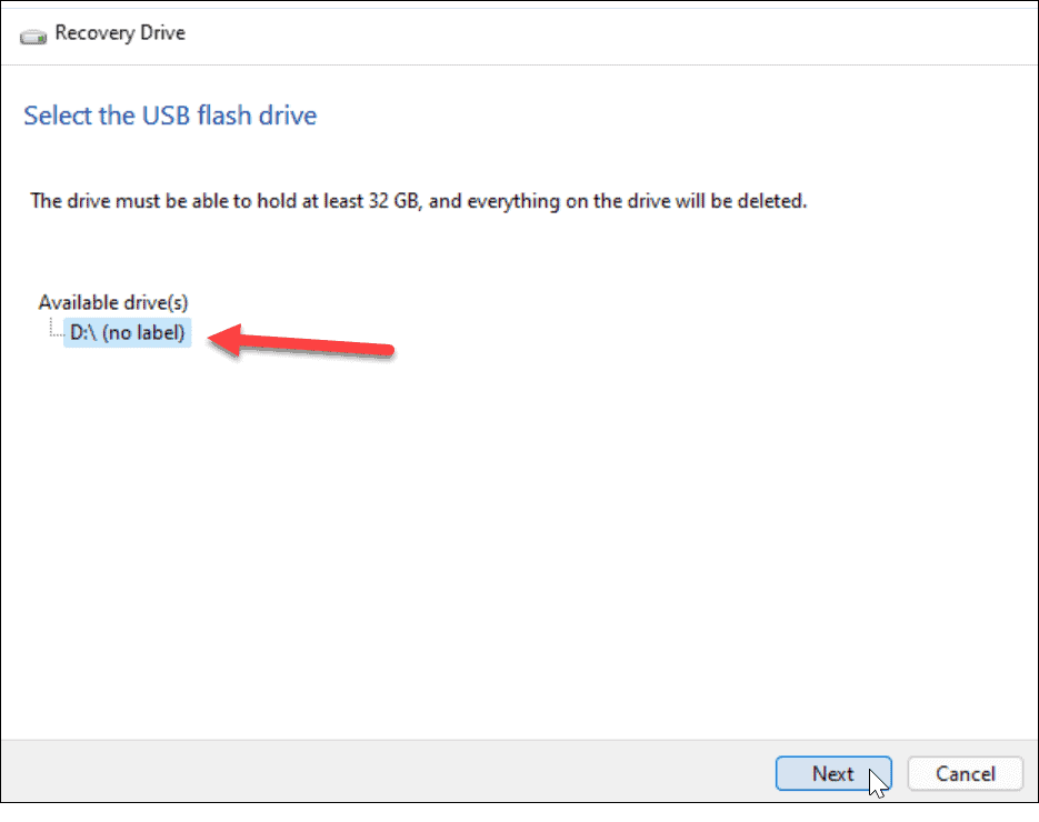 alege unitatea de recuperare Windows 11