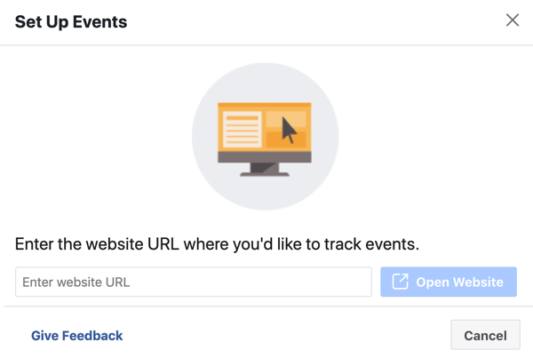 Utilizați Instrumentul de configurare a evenimentelor Facebook, pasul 3, introduceți adresa URL a site-ului pentru a instala evenimentul pixel