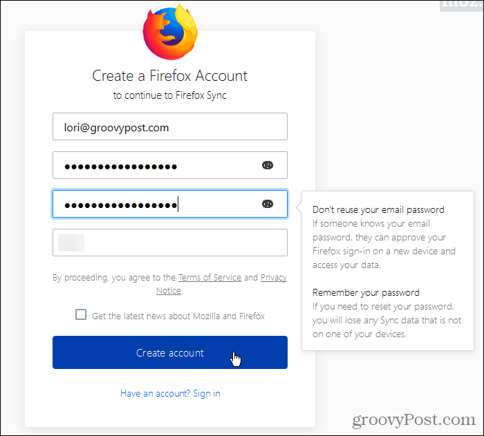 Creați un cont Firefox Sync