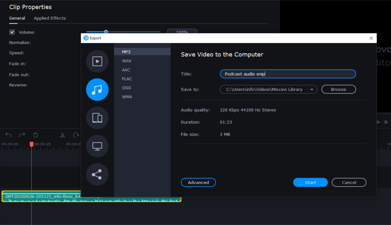 exportă audio ca MP3 în Movavi