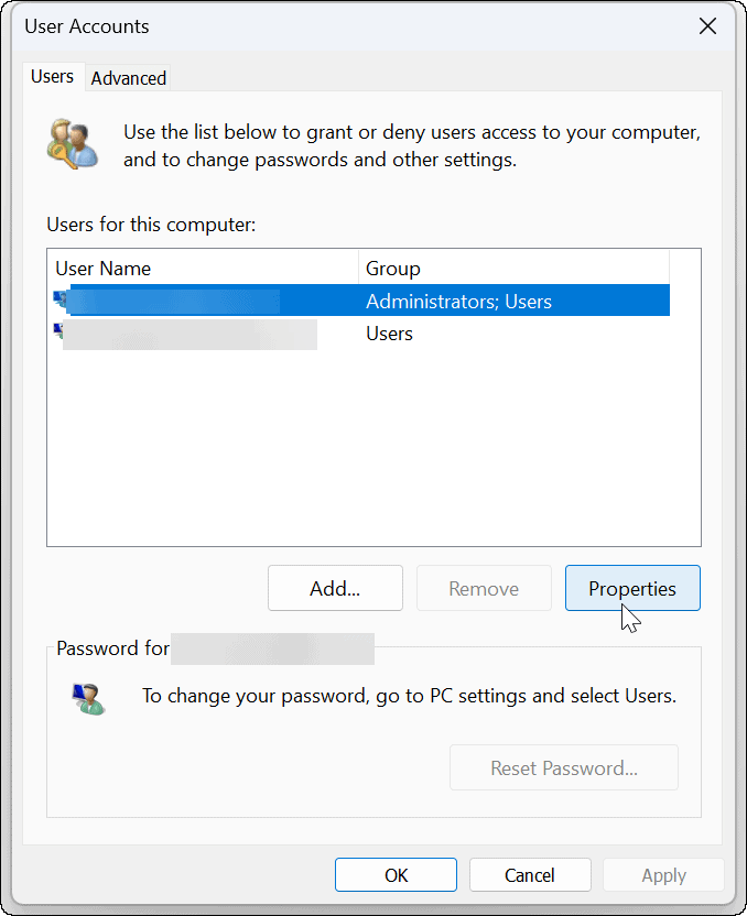 proprietățile contului Windows 11