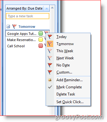 Bara de activități Outlook 2007 - Faceți clic dreapta pe Semnul pentru meniul Opțiuni