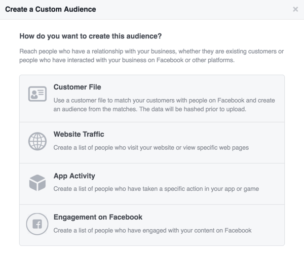 Alegeți sursa pe care doriți să o utilizați pentru publicul dvs. personalizat de pe Facebook.