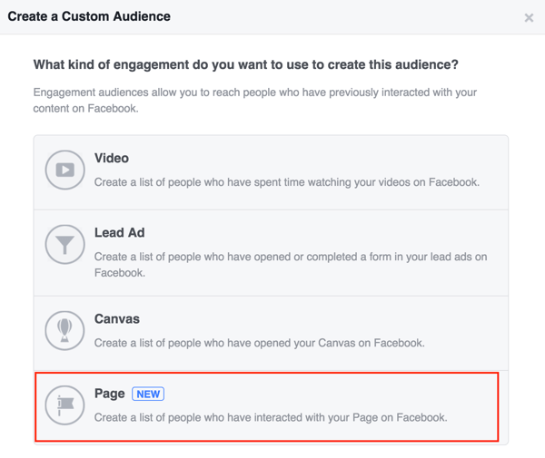 Alegeți Pagina pentru a vă crea publicul personalizat pe Facebook.