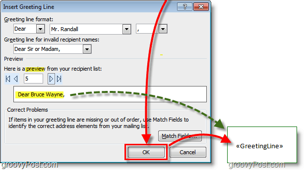 Captură de ecran Outlook 2010 - lăsați opțiunile implicite ale liniei de salut și faceți clic pe ok, este afișată și o previzualizare