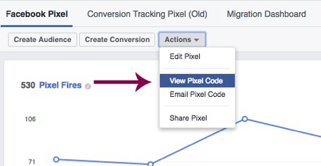 Faceți clic pe Vizualizare cod pixel pentru a accesa pixelul dvs. unic de pe Facebook.