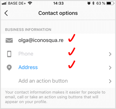 adăugați informații de contact pentru un cont de afaceri Instagram