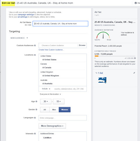 managerul de anunțuri facebook editează direcționarea setului de anunțuri