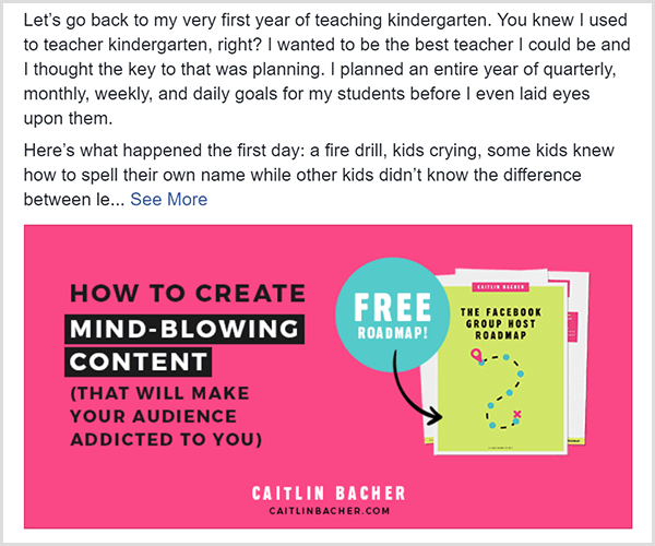 O postare pe Facebook de la Caitlin Bacher care arată o ofertă gratuită pentru foaia de parcurs a grupului Facebook. Imaginea ofertei are în principal text negru pe un fundal roz. Textul Free Roadmap apare într-un cerc albastru deschis și indică o copertă a foii de parcurs.
