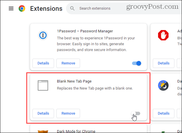 Dezactivează extensia pagină nouă filă goală în Chrome