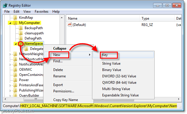 adăugați o nouă sub-cheie la cheia NameSpace din Windows 7