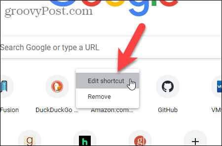 Selectați Editați comanda rapidă pe pagina Filă nouă din Chrome