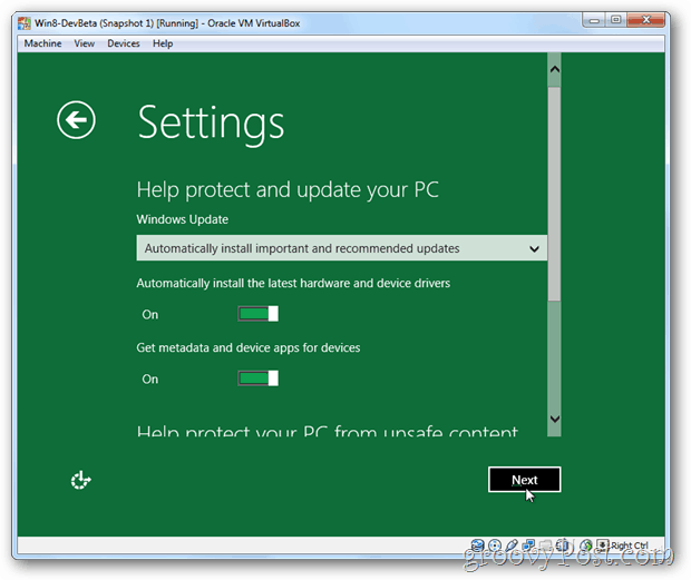 Setări și actualizări VirtualBox Windows 8
