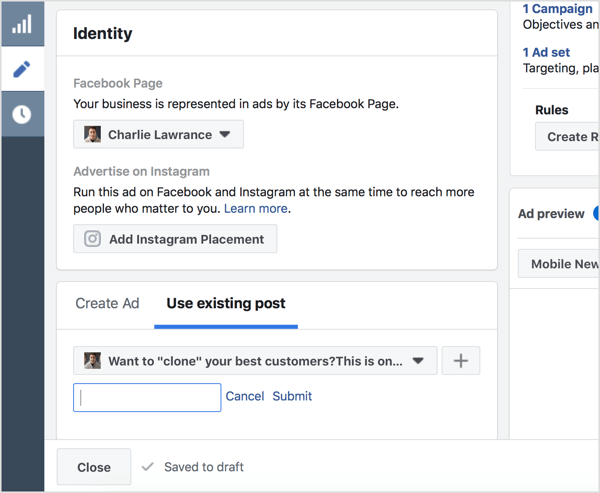 Selectați Utilizați postarea existentă și introduceți ID-ul postării Facebook.