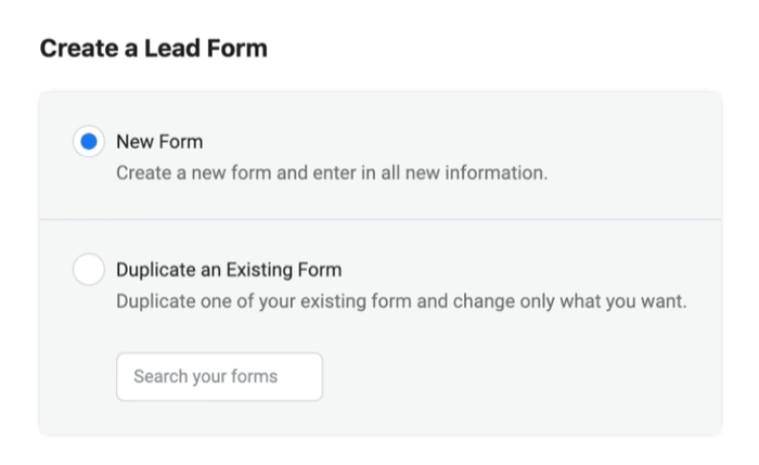 Anunțurile cu clienți potențiali pe Facebook creează un nou formular cu opțiunea nouă selectată