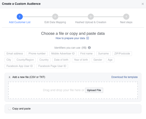 Încărcați lista de e-mailuri ca fișier CSV pentru a vă crea publicul de e-mail personalizat pe Facebook.