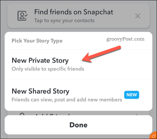Creați o nouă poveste privată Snapchat