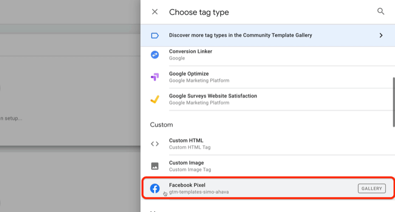 exemplu google tag manager etichetă nouă cu meniul selectați tipul etichetei și opțiunea facebook pixel evidențiată în secțiunea personalizată