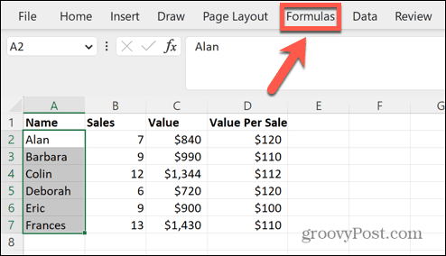 meniul de formule excel