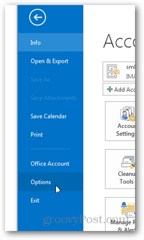 Outlook 2013 - Dezactivați vremea în calendar - faceți clic pe Opțiuni