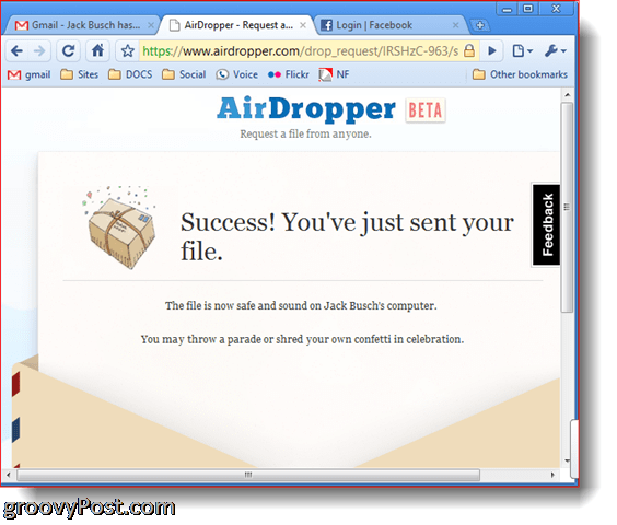 Fișierul de succes a capturii fotografiei Dropbox Airdropper a fost trimis