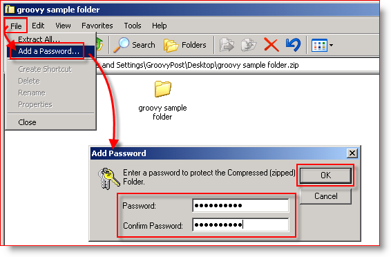 Compresie încorporată Windows XP - Adaugă parolă