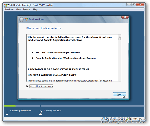 VirtualBox Windows 8 eula acceptă licența