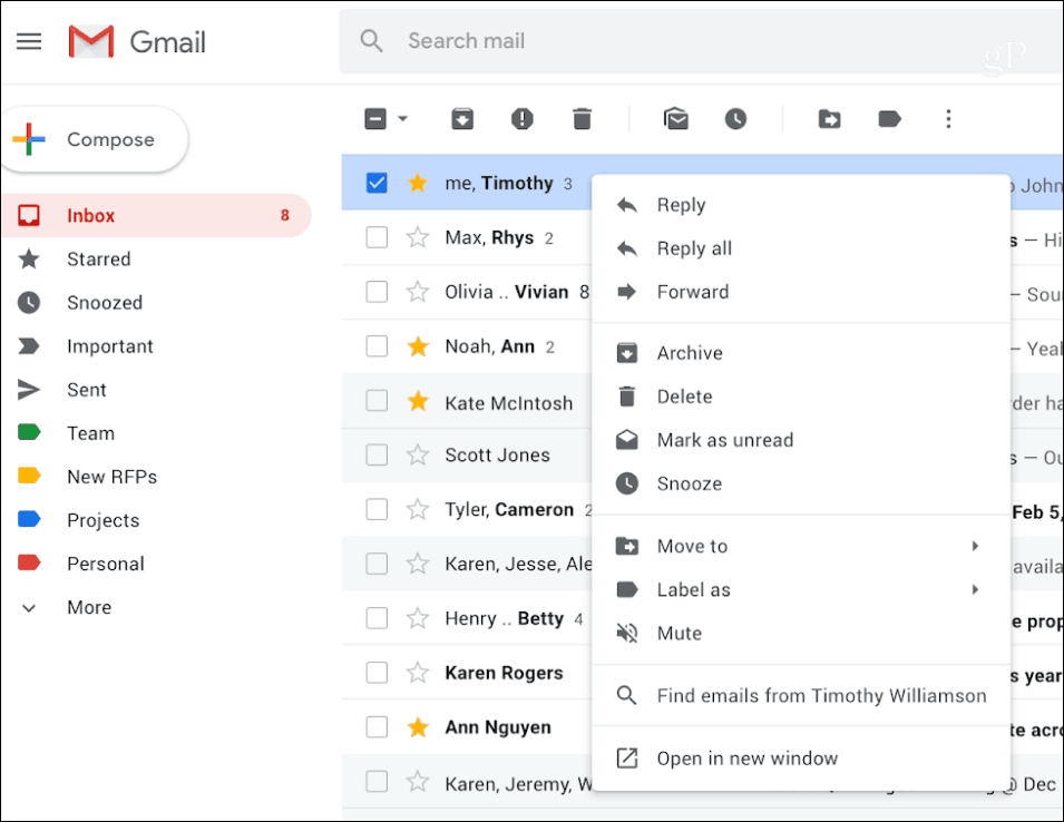 Gmail Faceți clic dreapta pe Meniu contextual