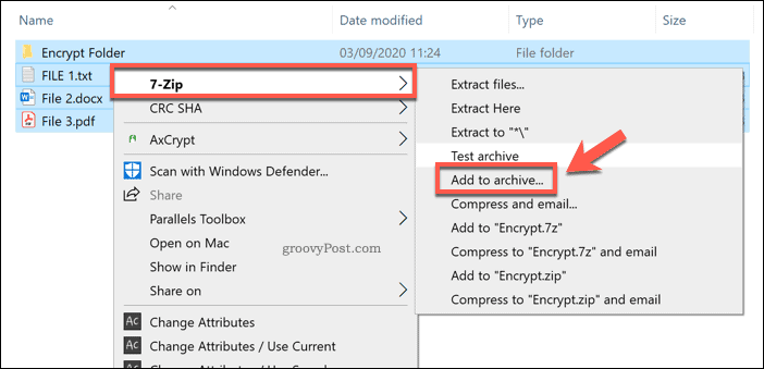 Adăugarea la o nouă arhivă 7-Zip în Windows 10