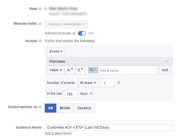 Puteți crea un public personalizat de clienți Facebook cu un AOV mai mare.