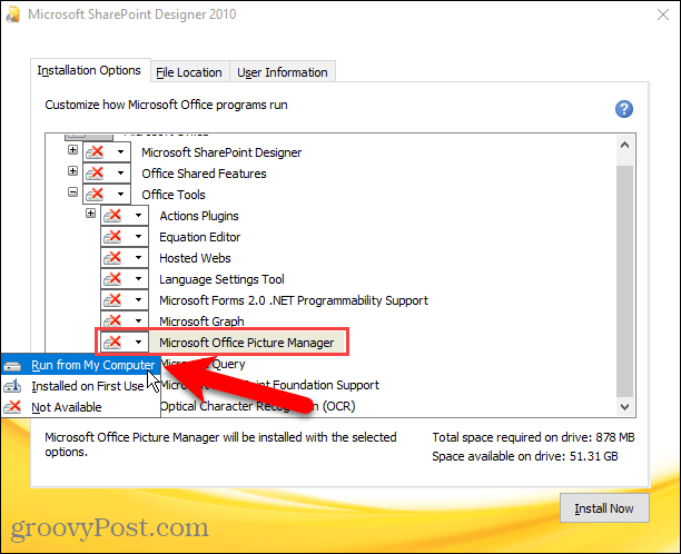 Activați Executare de pe computerul meu pentru Microsoft Office Picture Manager în instalarea Sharepoint Designer