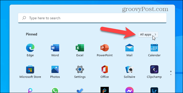 Faceți clic pe Toate aplicațiile din meniul Start din Windows 11