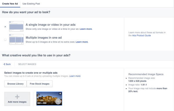 anunțul pe pânză de Facebook a configurat opțiuni creative