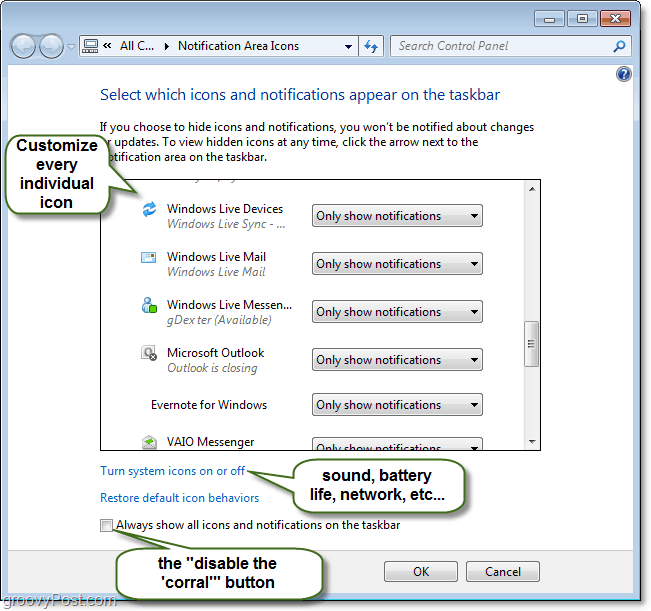 Personalizați panoul de control cu ​​notificările tăvii sistemului Windows 7