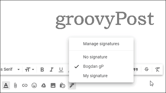 Setările Gmail pentru mai multe semnături sunt selectate