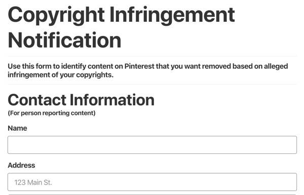 formular de notificare privind încălcarea drepturilor de autor pinterest