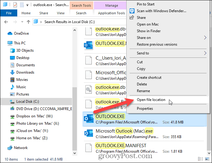 Selectați Deschide locația fișierului în File Explorer