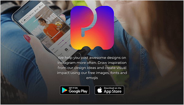 Aceasta este o captură de ecran a site-ului PostMuse. În centrul de sus este o imagine mare a logo-ului PostMuse, care este o ilustrare a unui P și M umplut cu un gradient curbat. De sus în jos, gradientul include mov, fuzie, roșu, portocaliu și galben. Sub siglă se află următorul text alb: „Vă ajutăm să postați des mai multe modele minunate pe Instagram. Inspirați-vă din ideile noastre de design și creați un impact vizual folosind imaginile, fonturile și emoji-urile noastre gratuite. ” Sub text sunt butoane care se conectează la magazinul Google Play și App Store. Imaginea de fundal a site-ului este o fotografie a unei persoane albe, cu unghiile roșii îngrijite, ținând un smartphone și folosind aplicația PostMuse. Fotografia este făcută de peste umărul persoanei, iar adâncimea câmpului estompează părul și gâtul persoanei pentru a se concentra pe telefon. Picioarele persoanei sunt întinse în fața lor și poartă blugi albaștri.