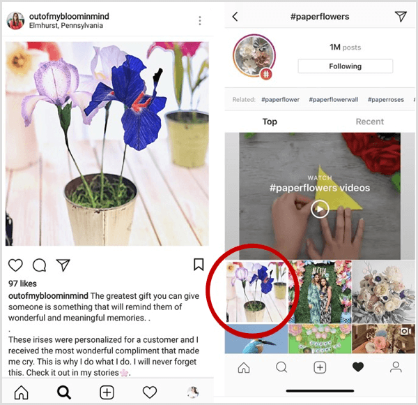 exemplu de postare Instagram care apare mai întâi în rezultatele căutării pentru un hashtag specific