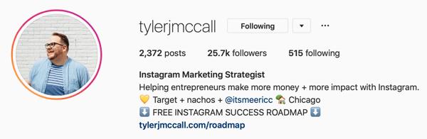 Exemplu de imagine de profil Instagram și informații despre bio de la @tylerjmccall.