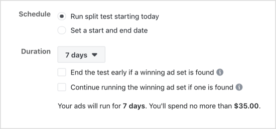 Selectați opțiunea Run Split Test Starting Today pentru testul Facebook split.