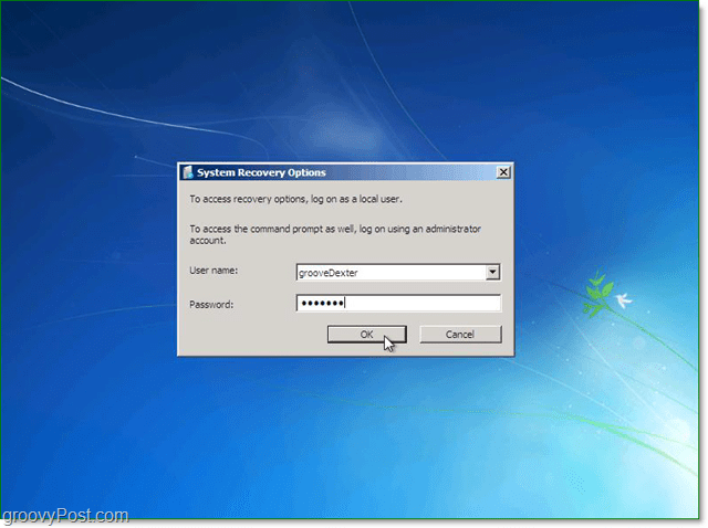 introduceți numele de utilizator și parola pentru recuperarea sistemului Windows 7